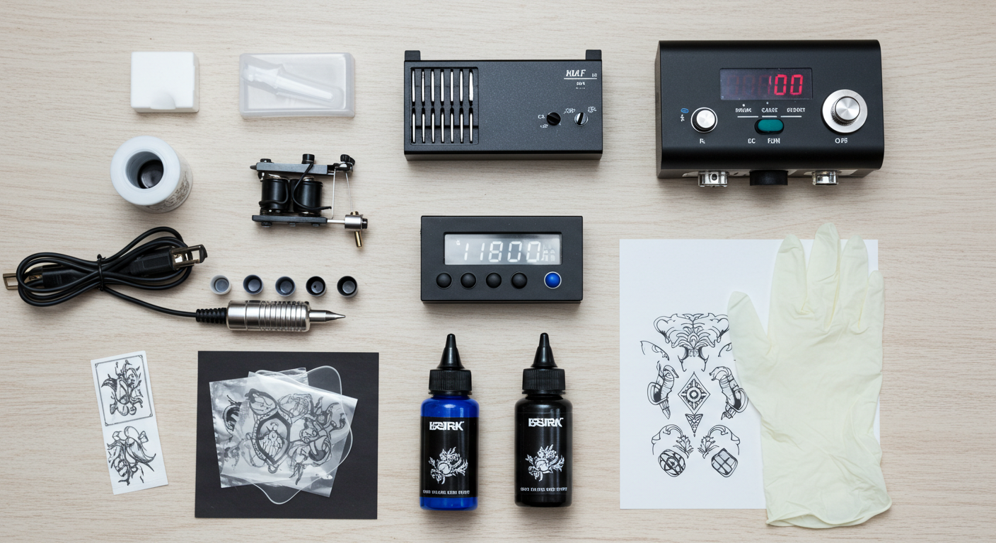 Kit de tatuagem para iniciante com máquina, fonte, cartuchos e materiais de biossegurança organizados em uma mesa.