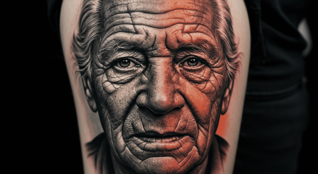 Tatuagem de realismo com o retrato de um rosto, metade em preto e cinza e metade colorida, mostrando a complexidade da técnica.