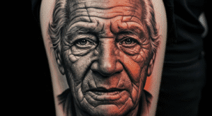 Tatuagem de realismo com o retrato de um rosto, metade em preto e cinza e metade colorida, mostrando a complexidade da técnica.