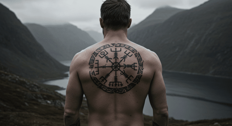 Homem com uma grande tatuagem do Vegvisir nas costas, a bússola rúnica, simbolizando o significado de proteção e orientação.