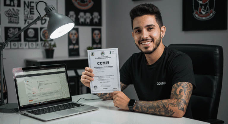 Tatuador em seu estúdio segurando seu certificado MEI, mostrando o resultado do guia de como se formalizar.