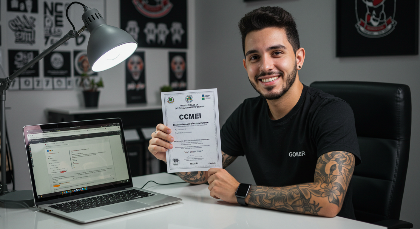 Tatuador em seu estúdio segurando seu certificado MEI, mostrando o resultado do guia de como se formalizar.