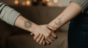 Braços de um casal com tatuagens de Sol e Lua que se complementam, como uma das ideias de tatuagem para casal.