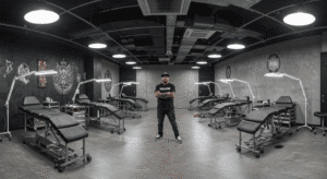 Tatuador em seu estúdio de tatuagem recém-montado, planejando o próximo passo após a expansão do home studio.