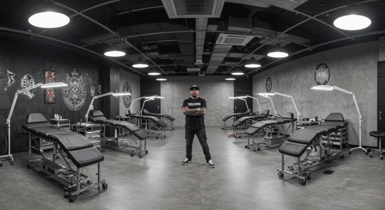 Tatuador em seu estúdio de tatuagem recém-montado, planejando o próximo passo após a expansão do home studio.