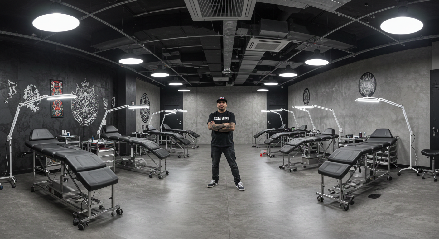 Tatuador em seu estúdio de tatuagem recém-montado, planejando o próximo passo após a expansão do home studio.