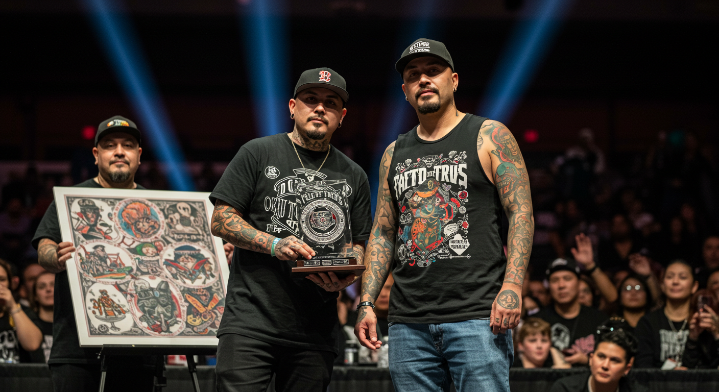 Tatuador no palco de uma convenção de tatuagem segurando um troféu ao lado de seu cliente, após vencer uma competição.