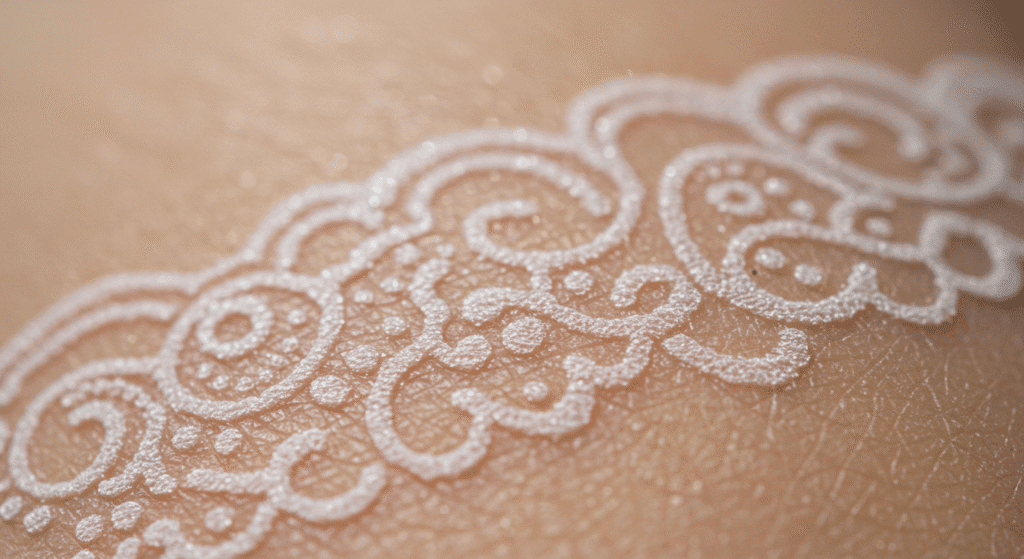Close-up de uma tatuagem de renda feita com tinta branca cicatrizada na pele, mostrando seu efeito sutil e delicado.