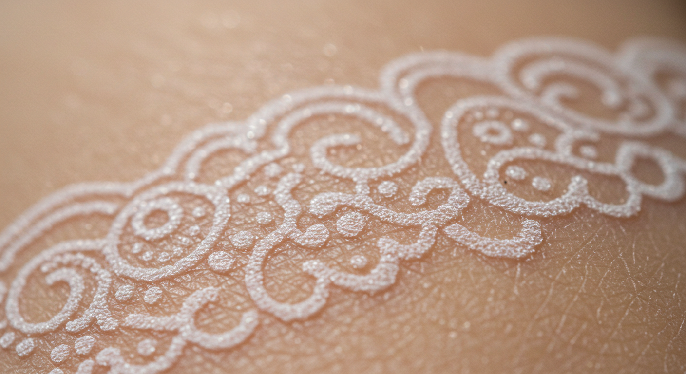Close-up de uma tatuagem de renda feita com tinta branca cicatrizada na pele, mostrando seu efeito sutil e delicado.