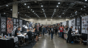 Visão geral de uma convenção de tatuagem movimentada, com um artista tatuando em seu stand e o público circulando ao fundo.
