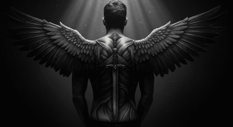 Tatuagem de anjo da guarda realista nas costas, com grandes asas abertas, simbolizando o significado de proteção divina.