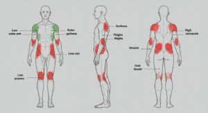 Infográfico do mapa da dor da tatuagem, mostrando os locais que mais doem para tatuar em vermelho, e os menos doloridos em verde.
