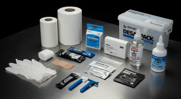 Bancada de tatuador organizada com 10 produtos essenciais para tatuagem, como luvas, álcool 70%, descarpack e papel toalha.