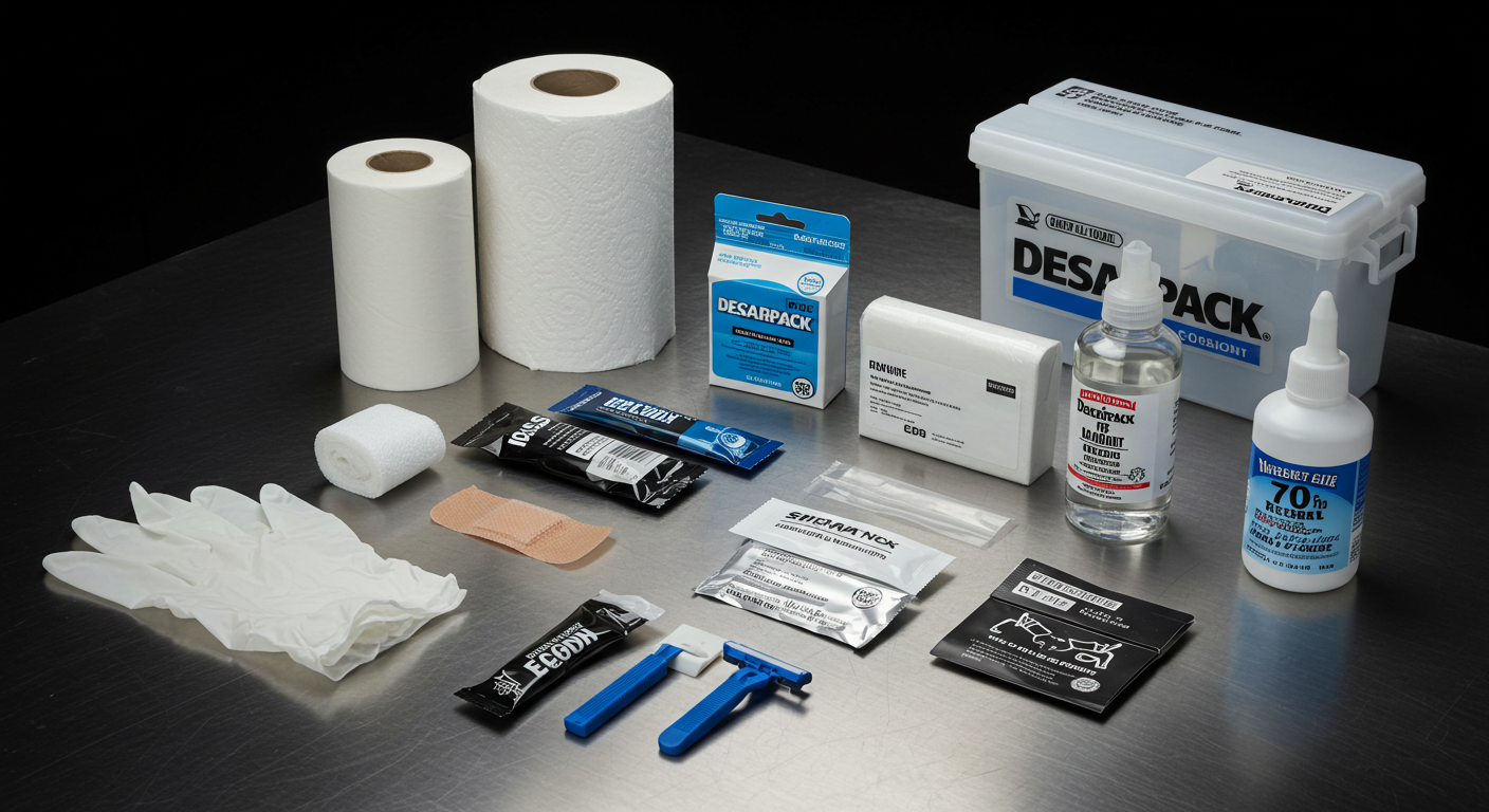 Bancada de tatuador organizada com 10 produtos essenciais para tatuagem, como luvas, álcool 70%, descarpack e papel toalha.