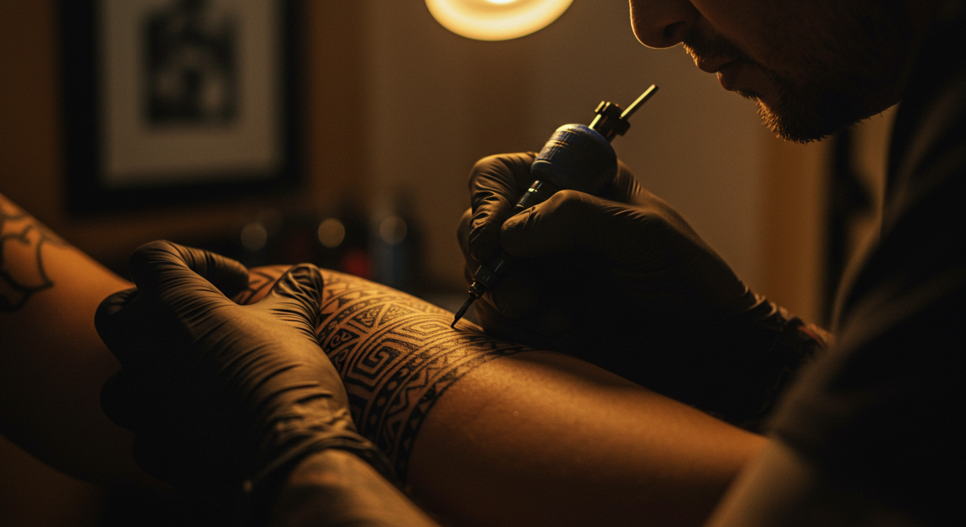 Close-up de um artista tatuando um grafismo com simbologia indígena Kadiwéu no ombro de uma pessoa, simbolizando o respeito à arte ancestral.