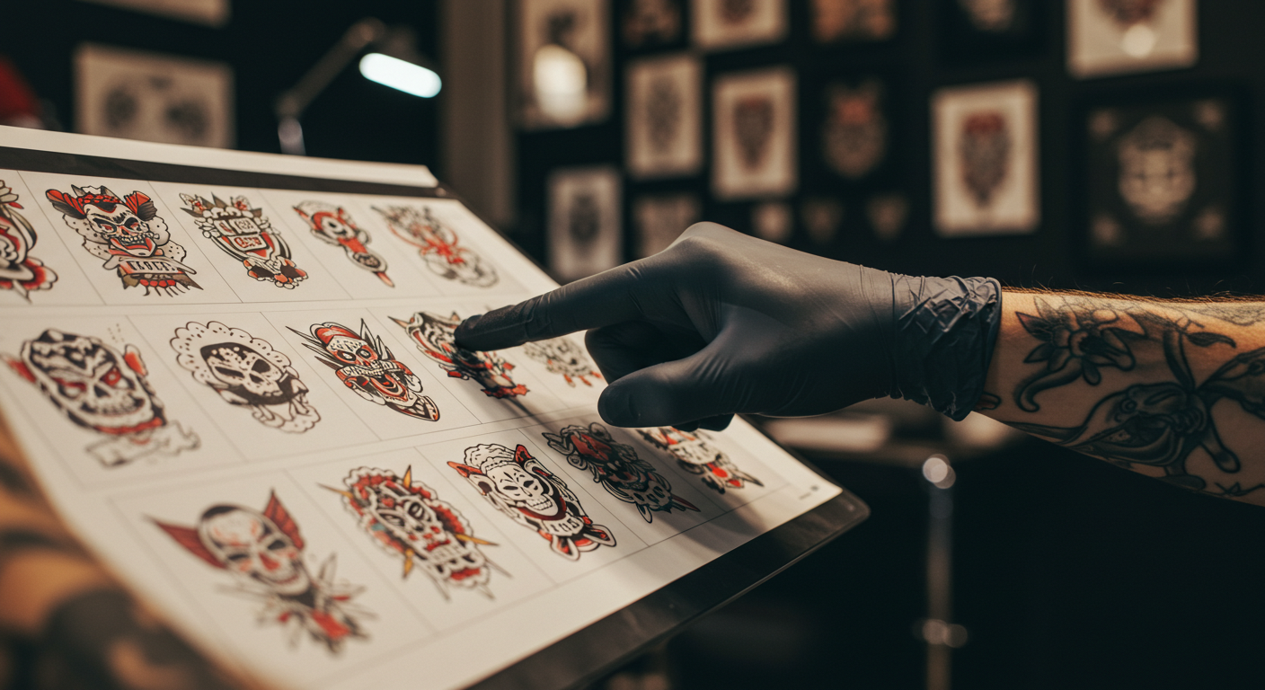 Mão de tatuador apontando para um desenho de flash tattoo em uma folha com várias opções, ilustrando o que é flash tattoo.