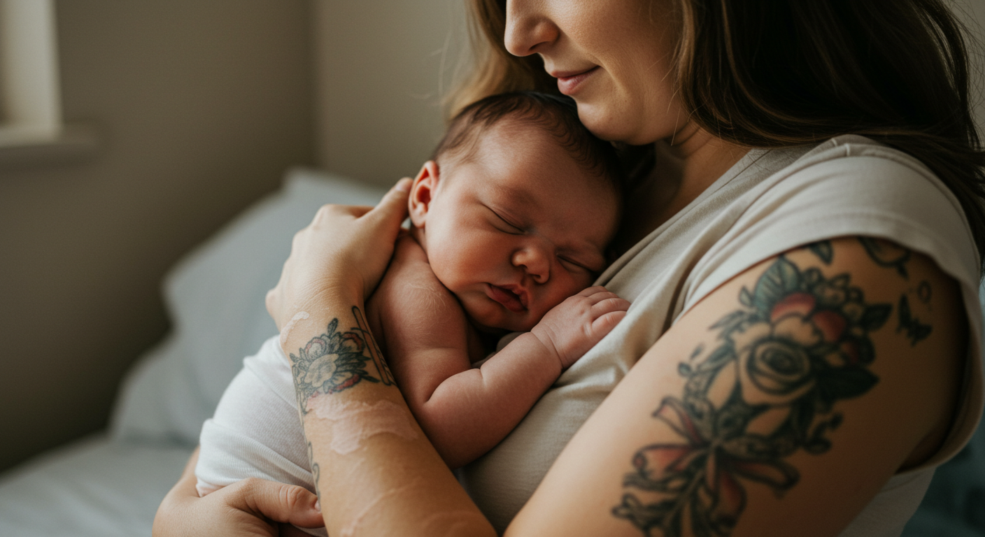 Mãe segurando seu bebê, refletindo sobre a decisão de esperar o fim da amamentação para fazer uma nova tatuagem.