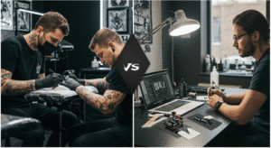 Comparativo entre um curso de tatuagem presencial, com um mentor, e um curso online, com um aluno estudando em casa.