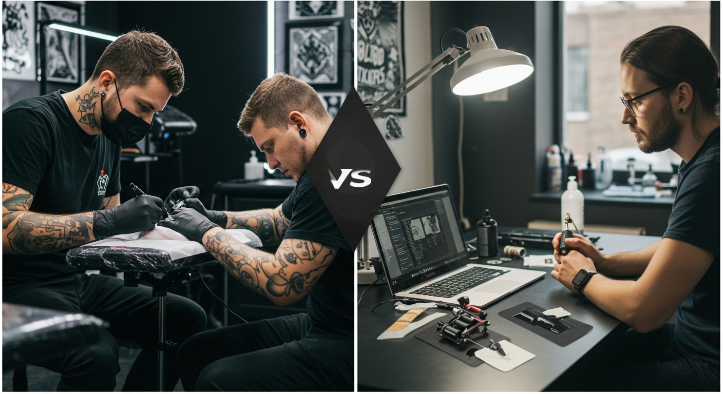 Comparativo entre um curso de tatuagem presencial, com um mentor, e um curso online, com um aluno estudando em casa.