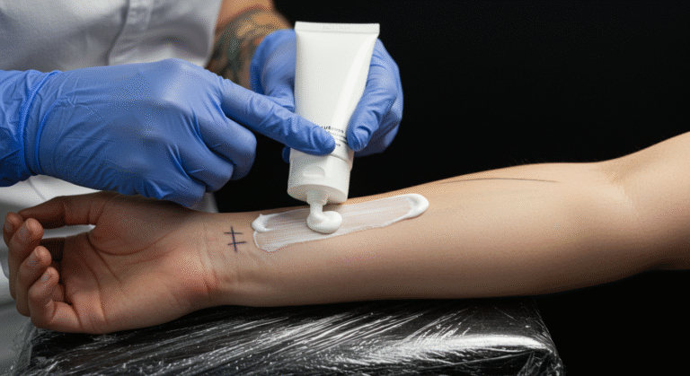 Mãos de um tatuador aplicando a melhor pomada anestésica para tatuagem no braço de um cliente antes da sessão.