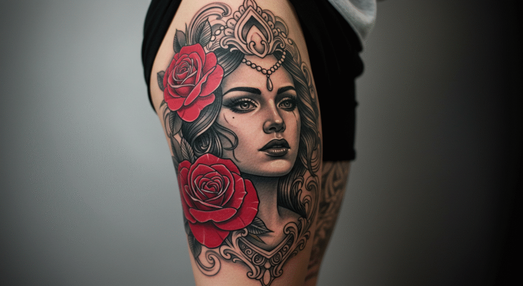 Tatuagem neo traditional colorida de um rosto de mulher com rosas, mostrando a riqueza de detalhes e cores do estilo.