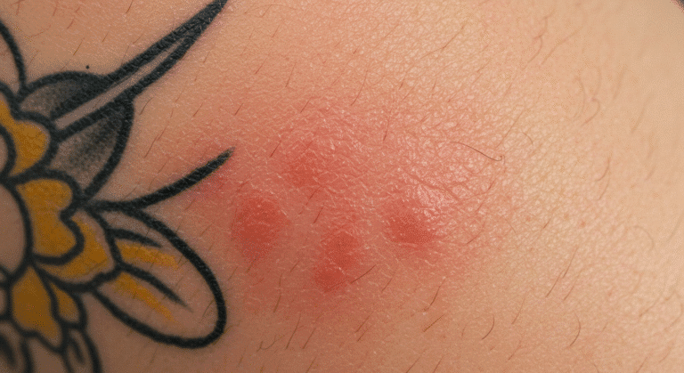 Close-up de uma tatuagem com reação de alergia à tinta vermelha, mostrando a área avermelhada e em alto relevo.