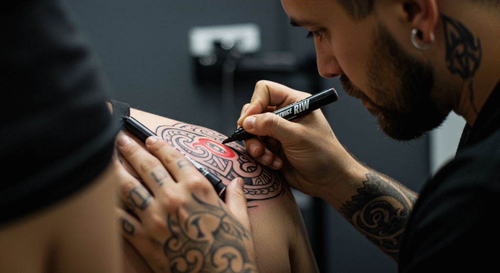 Artista fazendo uma tatuagem free hand, desenhando um padrão tribal diretamente na pele do cliente com canetas.