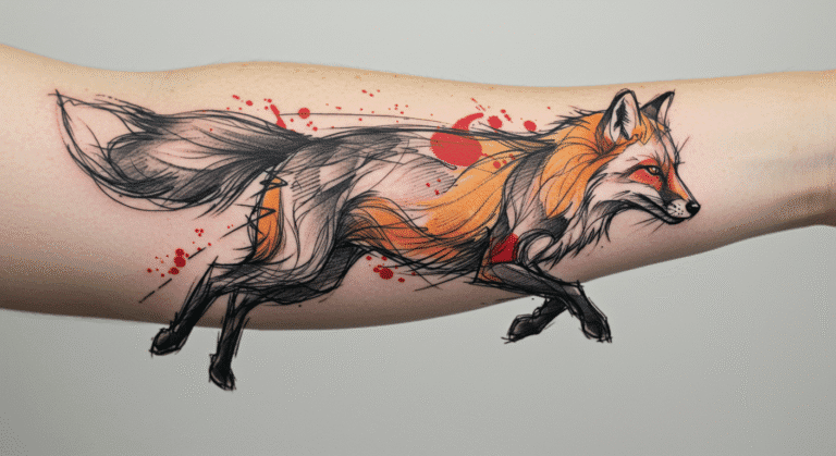 Tatuagem no estilo sketch de uma raposa correndo, com traços de rascunho e manchas de aquarela.