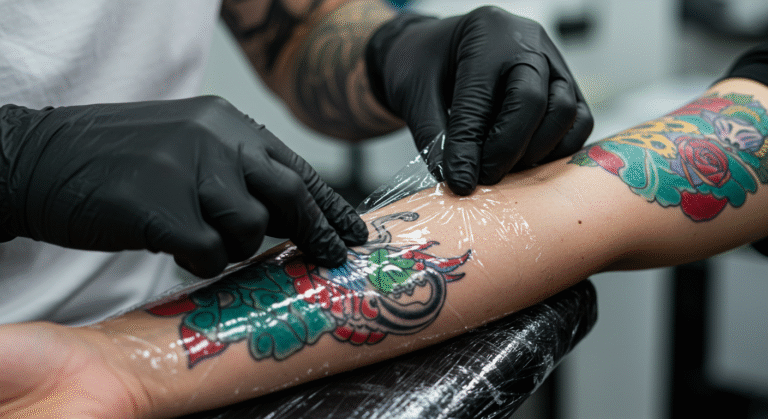 Tatuador aplicando um filme protetor para tatuagem sobre uma arte recém-feita no braço de um cliente.