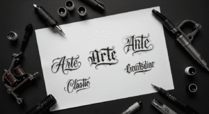 Comparativo de diferentes fontes para tatuagem lettering, mostrando os estilos Gótico, Cursivo, Serifado e outros.