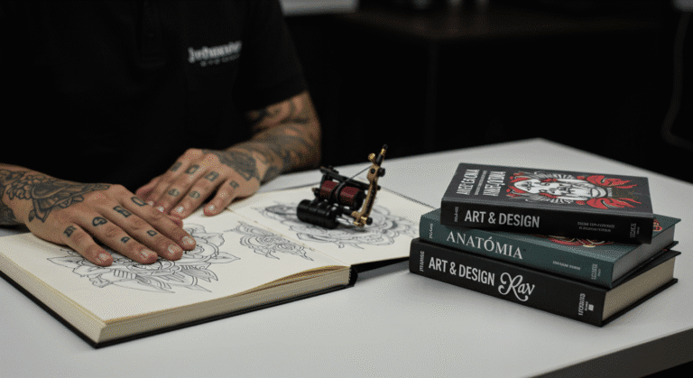Bancada de um tatuador com livros sobre desenho, negócios e tatuagem, mostrando a importância do estudo para a carreira.