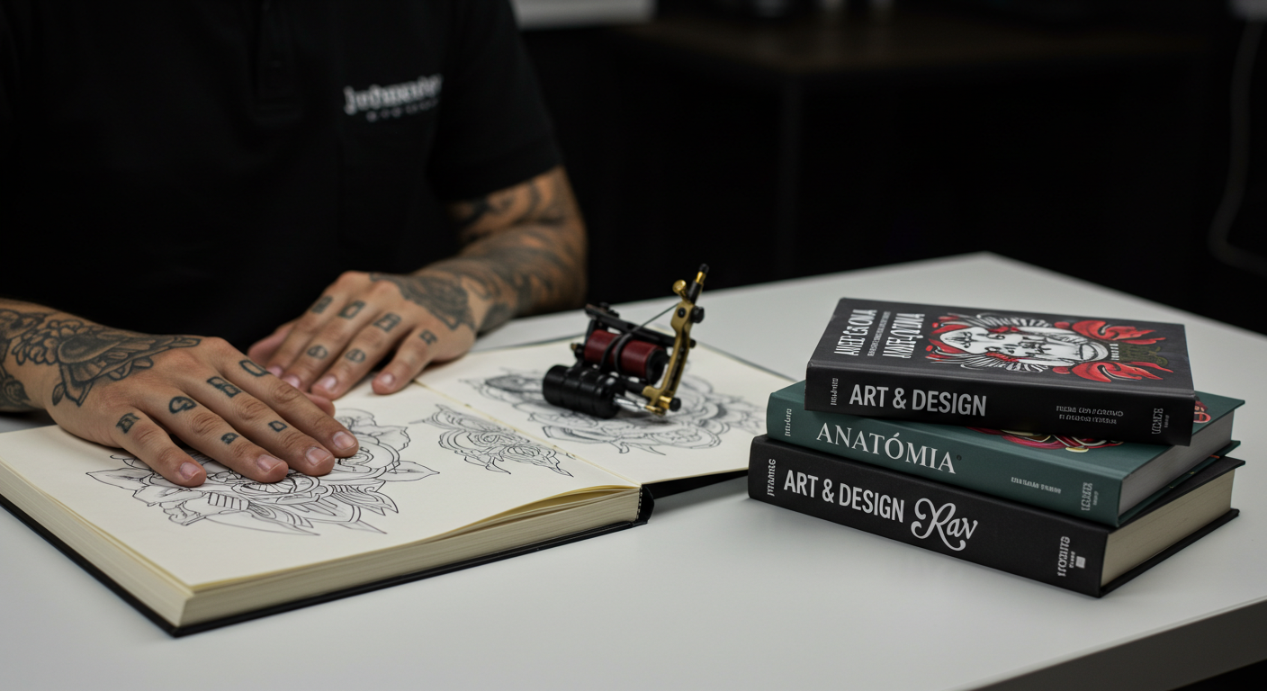 Bancada de um tatuador com livros sobre desenho, negócios e tatuagem, mostrando a importância do estudo para a carreira.