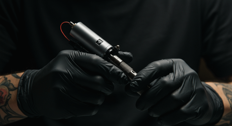 Tatuador usando uma máquina de tatuagem com fonte sem fio, mostrando a liberdade de movimento e a modernidade da tecnologia.