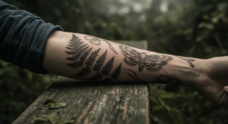 Tatuagem da Ellie de The Last of Us no antebraço, com a samambaia e a mariposa, mostrando o significado de resiliência.