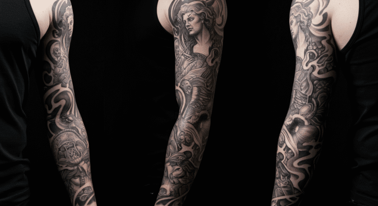 Braço de uma pessoa com uma tatuagem de fechamento em realismo preto e cinza, mostrando um projeto coeso e bem executado.