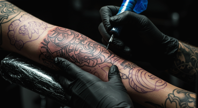 Braço em processo de fechamento de tatuagem, mostrando diferentes estágios da arte e o número de sessões necessárias.