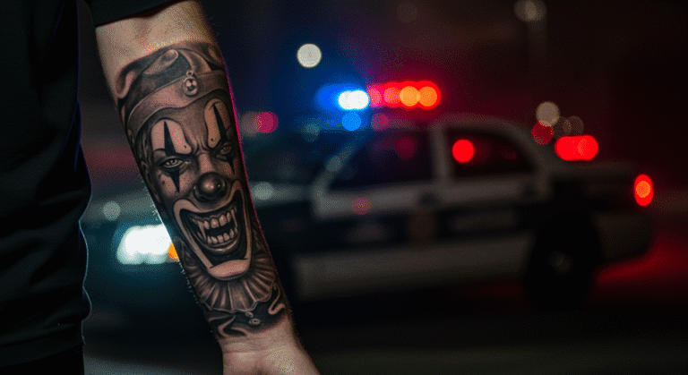 Tatuagem de um palhaço com uma expressão sombria, ilustrando o polêmico significado da tatuagem de palhaço no contexto criminal.