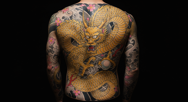 Tatuagem de dragão oriental no estilo japonês (Irezumi) cobrindo as costas, simbolizando o significado de poder e sabedoria.
