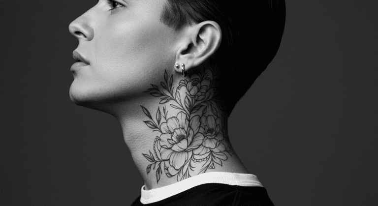 Pessoa com uma tatuagem de flores em fine line na lateral do pescoço, mostrando um estilo elegante e consciente.
