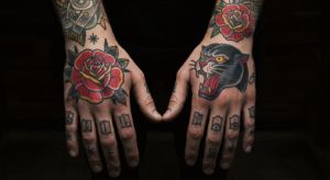 Mãos de uma pessoa com tatuagens coloridas no estilo Old School, mostrando uma opção de arte duradoura para a região.