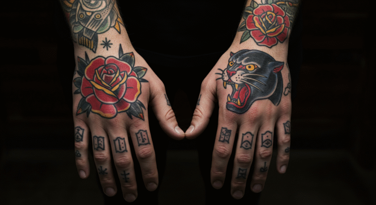 Mãos de uma pessoa com tatuagens coloridas no estilo Old School, mostrando uma opção de arte duradoura para a região.