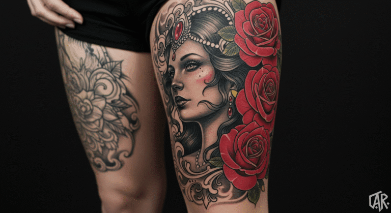Tatuagem neotradicional colorida de um rosto de mulher com rosas, mostrando a riqueza de detalhes e cores do estilo.
