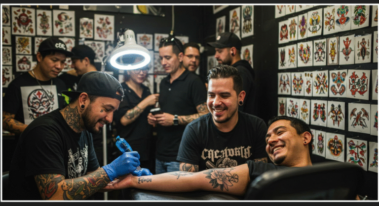 Estúdio de tatuagem movimentado durante um flash day de sucesso, com artistas tatuando e clientes escolhendo desenhos.