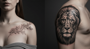 Comparativo de uma tatuagem no ombro feminina, com flores delicadas, e uma masculina, com um leão realista.