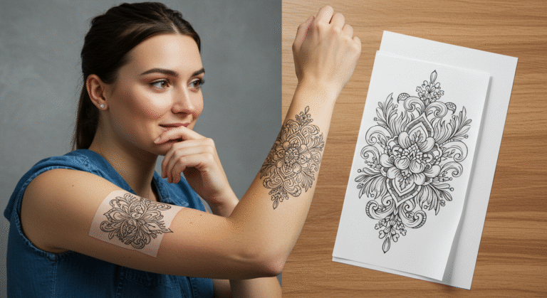 Pessoa olhando para uma tatuagem temporária personalizada em seu braço, usando-a para testar o design antes de fazer a tatuagem permanente.