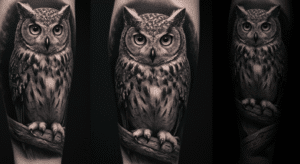 Tatuagem realista de uma coruja em preto e cinza, com olhos penetrantes, simbolizando seu significado de sabedoria e mistério.