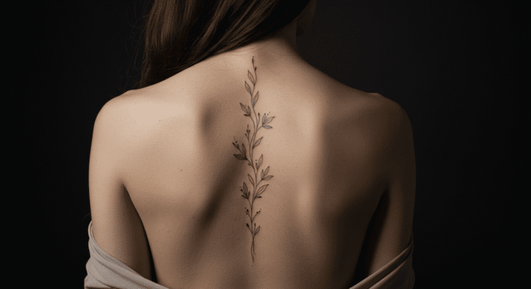 Mulher de costas com uma tatuagem delicada de flores na coluna, como exemplo de tatuagem nas costas feminina.