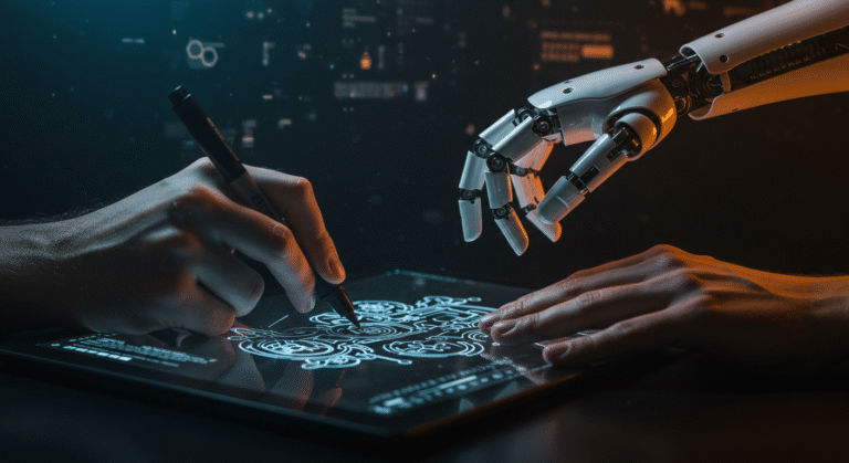 Mãos de um tatuador e de um robô desenhando juntas em um tablet, simbolizando o uso da inteligência artificial para tatuagem como uma ferramenta de criação.
