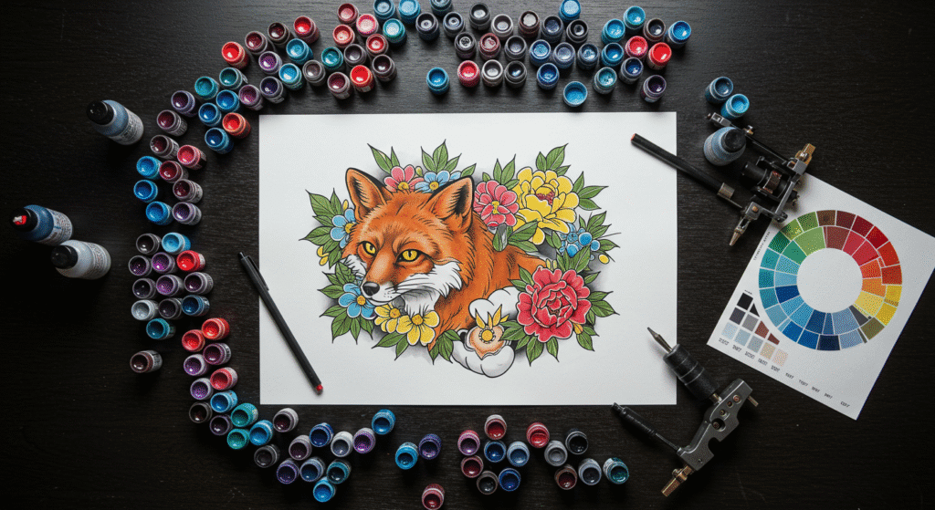Bancada de tatuador com um desenho colorido, potes de tinta e o círculo cromático, ilustrando a teoria da cor para tatuagem.