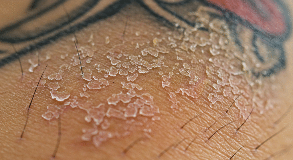 Close-up de uma tatuagem descascando de forma saudável, mostrando o processo normal de cicatrização.